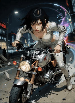 AI generated video: cg anime style ,cyberpunk . Detailed white leather suit. A futuristic cyberpunk…