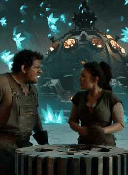 AI generated video: medium shot inside a colossal cavern filled with glowing crystals and massive…