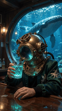 AI generated video: Single continuous medium tracking shot, retro-futuristic aquatic comedy…
