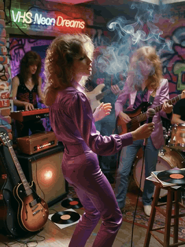 AI generated video: 1980s Vaporwave Night atmosphere, a band is rehearsing in a garage. A…