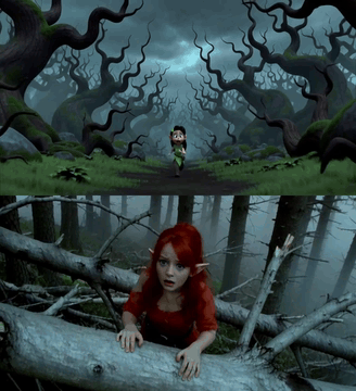 AI generated video: Low quality video. A scared cute CGI female elf escaping from danger through a…