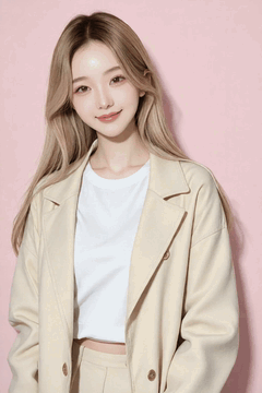 AI generated video: A young woman leaning back softly and smiles, Her long hair flutters, The pink…