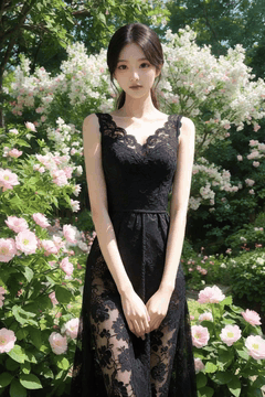 AI generated video: A woman in a black lace dress is standing in a field of flowers, The…
