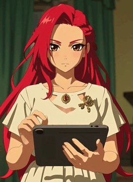 AI generated video: b0twC1tr0n, A woman holds a tablet ans faces the viewer She has long red hair…