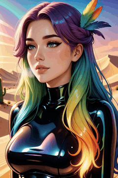 AI generated video: upper body closeup, A rainbow storm swirls above a prism desert, where a woman…