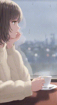 AI generated video: A girl is sipping tea at a window, watching a grey, drizzly day. She seems…