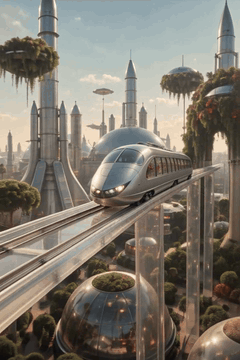 AI generated video: [Shot 1] furestify style, Scene: A sleek silver streamlined train glides along…