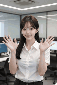 AI generated video: The woman in the office waved her hands and said hello, The long hair shakes…
