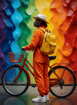 AI generated video: Character turns and does high speed graffiti art mural on wall behind, logo…