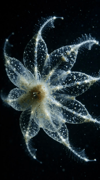 AI generated video: 10-second continuous shot. The translucent aquatic organism swims actively…