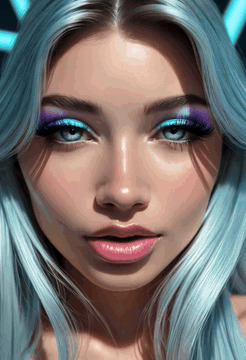 AI generated video: woman face closeup, very long hair, Holographic Eyeshadow, Colossal detail…