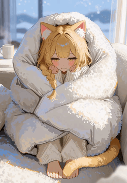 AI generated video: A warm anime illustration comes to life on a winter morning. A blonde cat-eared…