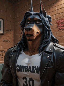 AI generated video: Static Camera. Male Doberman character rubs the back of his neck and says in a…