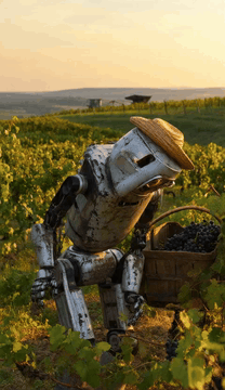AI generated video: A weathered humanoid robot harvesting grapes alone in a traditional Moldovan…