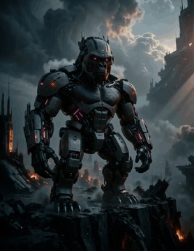 AI generated video: Hyper-realistic cinematic shot, a colossal Transformer gorilla from "Animal…