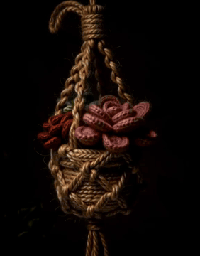Видео, сгенерированное нейросетью: WoolWorld, a hanging macramé plant pot of thick natural jute-look wool…