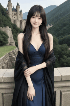 AI generated video: A young woman in a blue dress stands in front of the castle wall and smiles…