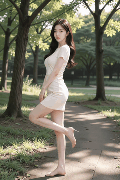 AI generated video: A woman wearing a white minidress holds one leg raised, The long hair is…