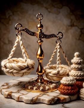 AI generated video: WoolWorld, a chemist’s balance scale of polished brass-look yarn, two felted…