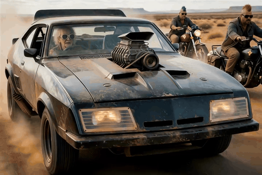 AI generated video: v8_interceptor, a realistic front wide angle view photo of a black automobile…