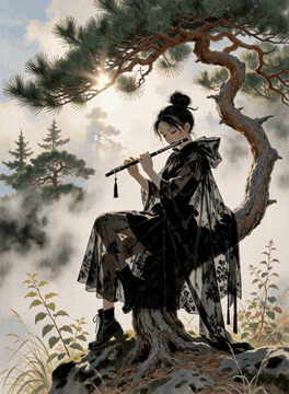 AI generated video: She sits in a tree and plays the flute. The enchanting music of a traditional…