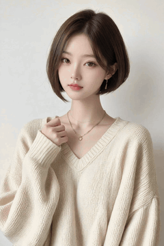 AI generated video: A woman with short hair stands still and looks at the camera, The gentle breeze…