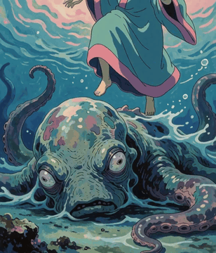 AI generated video: A lone figure in teal robes floats above a colossal, wounded cephalopod beast…