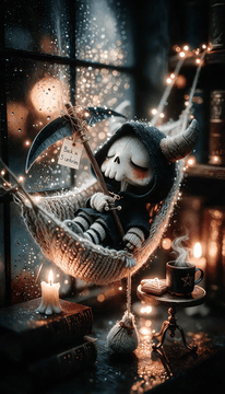 Видео, сгенерированное нейросетью: Soft music-box lullaby plays while rain taps the window. The little felt grim…