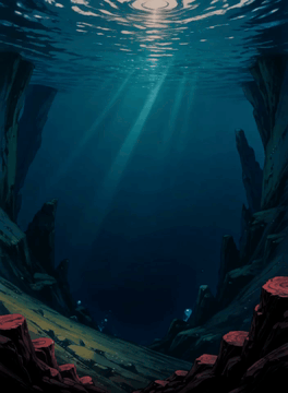 AI generated video: rb_retro, hand-painted background, POV shot looking down into dark, murky ocean…