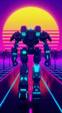 AI generated video: Mech running down a highway in 80s synthwave vibe with chill saxophone music