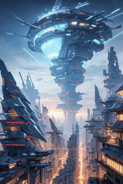 AI generated video: A massive futuristic city. A massive tower of machinery is glowing. LED lights…