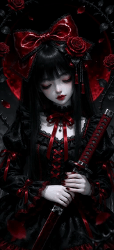 AI generated video: The girl opens her eyes and slowly unsheathes the red katana. Rose petals swirl…