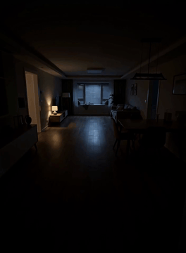 AI generated video: First-person view. Walking through a dark living room late at night. A strange…