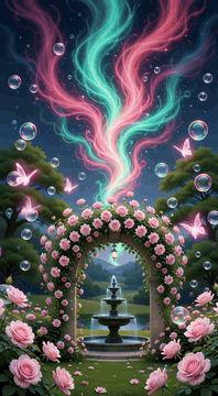 Видео, сгенерированное нейросетью: c1tr0nL4nd, moonlit garden with vine covered stone arch, pink roses, dark…