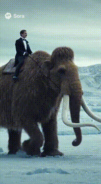 AI generated video: A man wearing a tuxedo rides a mammoth across the expanse of the artic shot in…