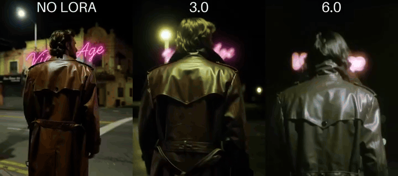 AI generated video: A man walking on the night wearing a leather trench coat on the 70s behind him…