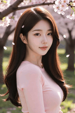 AI generated video: A young woman gently swirls under the cherry blossoms, and her hair is…
