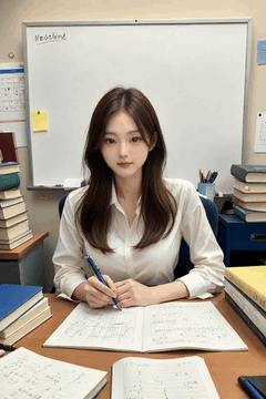 AI generated video: A woman sitting at her office desk is writing on a notebook,, Her hair is…