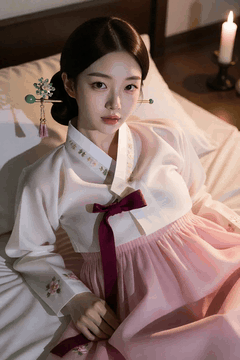 AI generated video: A woman wearing a hanbok sits leaning on the bed, The candle flickers and the…