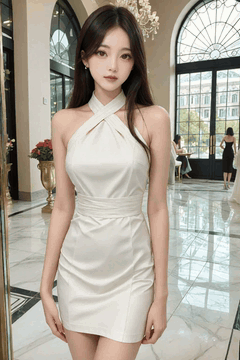 AI generated video: A young woman stands in an elegant hallway and moves her body slightly, The…