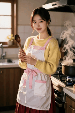 AI generated video: A young woman is holding a wooden ladle and smiling, cooking in the kitchen…