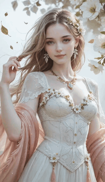 AI generated video: 1girl, playing with hair, flower trim, white bodice, gradient shawl, loose…