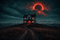 AI generated video: Cinematic digital art, surrealism, wide shot, a solitary weathered two-story…