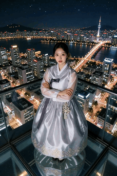 AI generated video: A woman wearing a hanbok is standing on the balcony with her arms crossed, and…