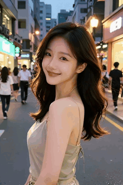 AI generated video: A young woman on a city street looks back and smiles, people walk in the…