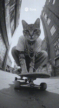 AI generated video: Street cat skateboarding black and white, fish eye lens, with rap music