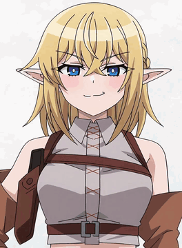 AI generated video: An anime-style elf maiden with blonde hair, pointed ears, and blue eyes stands…
