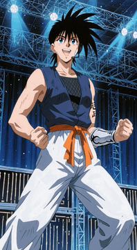 AI generated video: Anime male character, 1male, solo male focus, ‎Recca Hanabishi, black spiked…