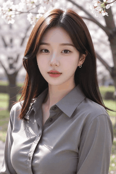 AI generated video: A young woman is standing under a cherry blossom, The long hair is swaying in…