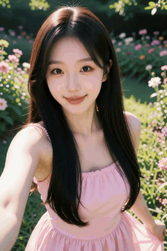 AI generated video: A young woman in a pink dress is taking a selfie, Her long hair flutters in the…